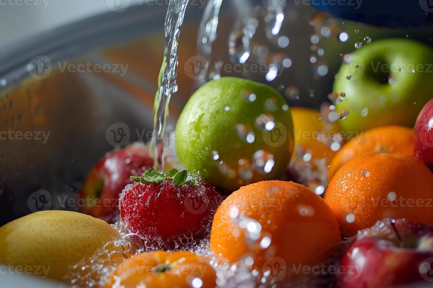 A close-up image of various fruits being washed in a kitchen sink. photo
