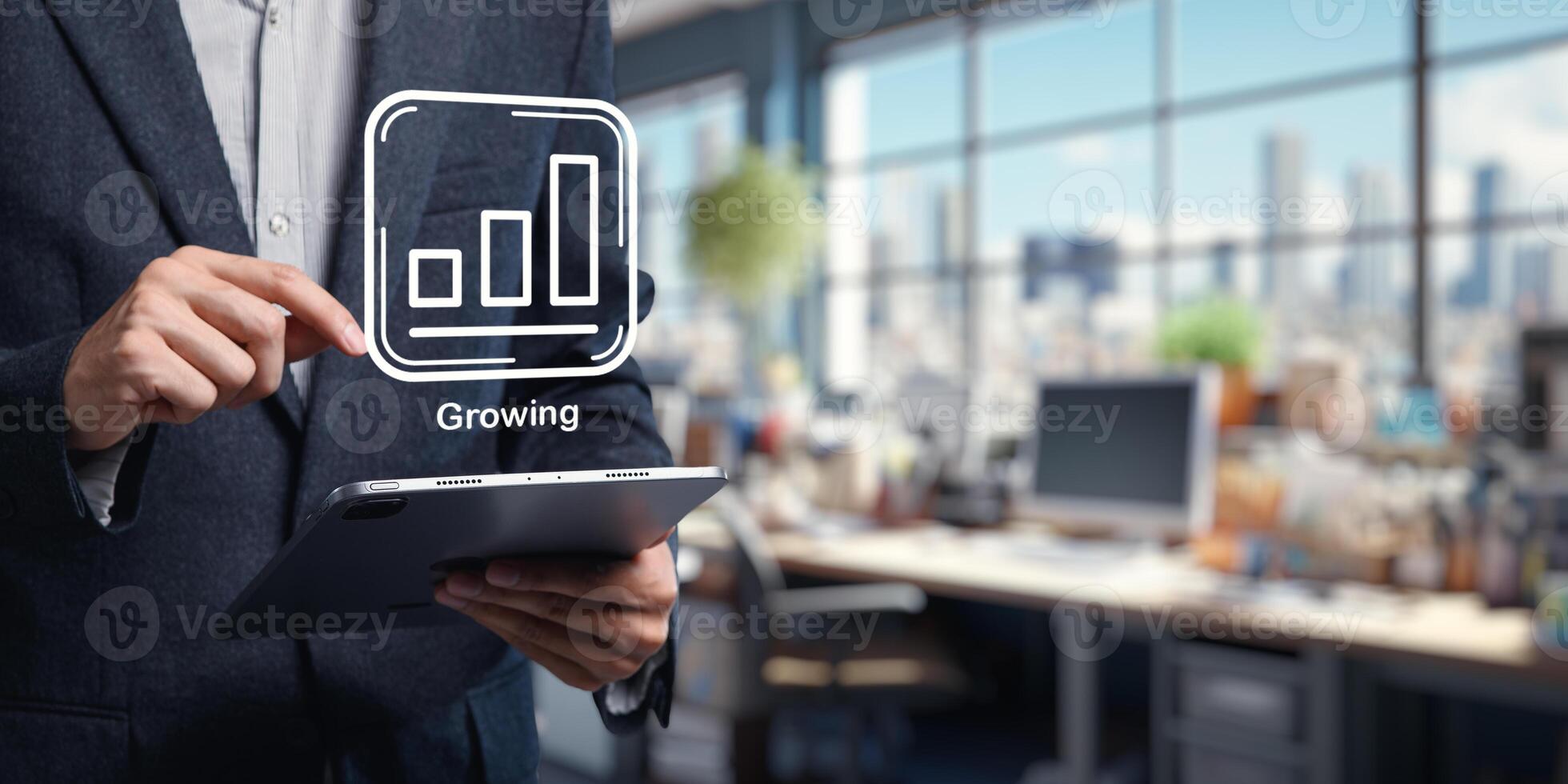 Businessman Using Tablet to Access Growing Data Icon in Office photo