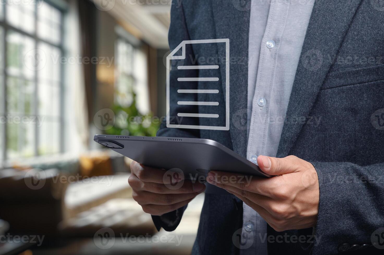 Businessman Checking Document on Tablet Modern Office Setting photo