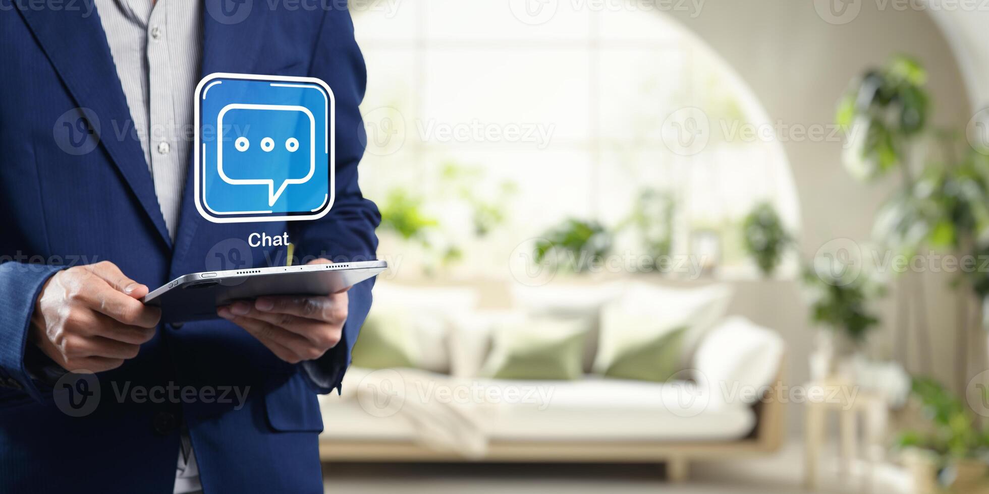 Business Interaction Icon with Chat Symbol in Modern Office Setting photo
