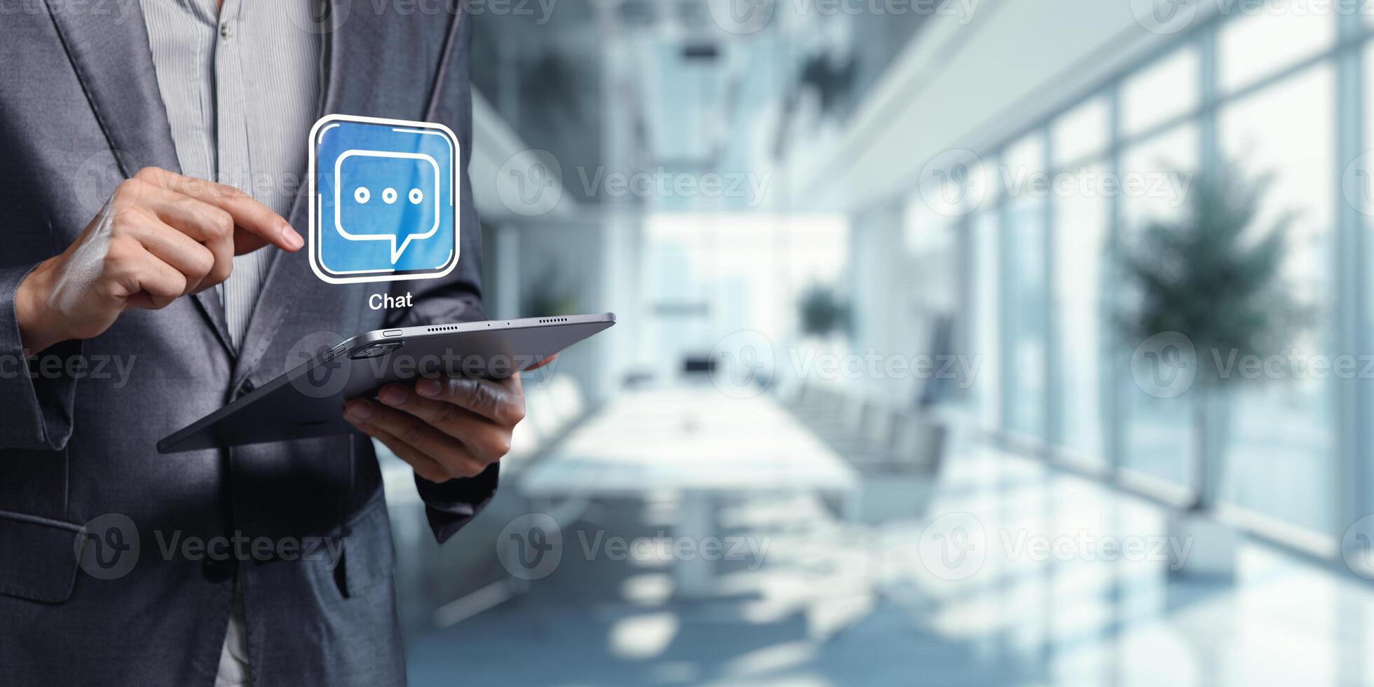 Business Professional Using Chat Icon for Customer Interaction photo