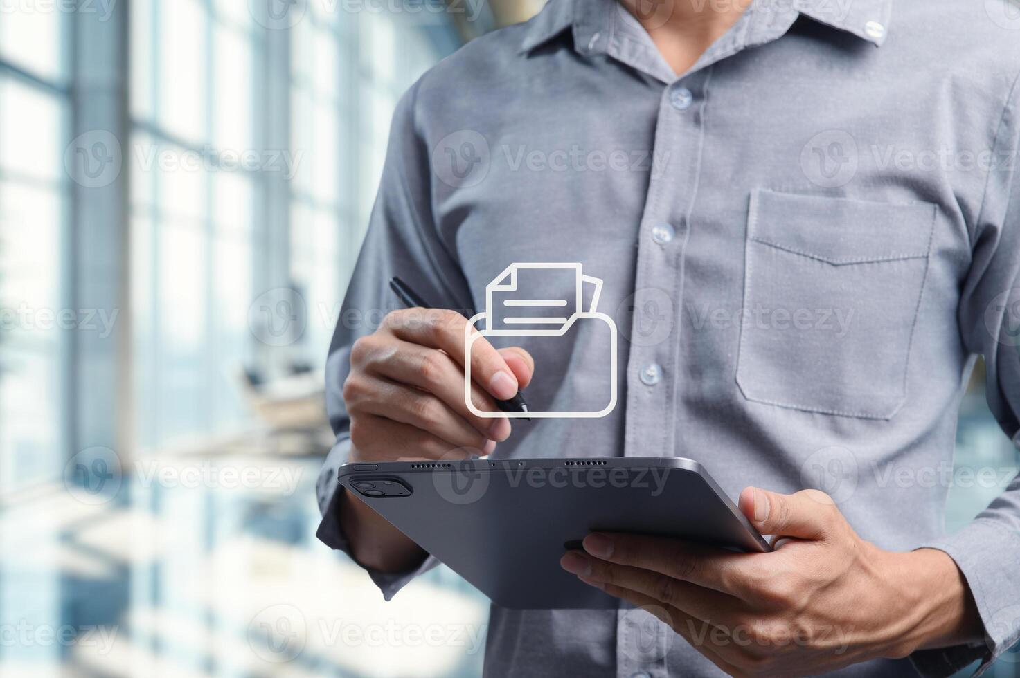 Businessman Checking Document on Tablet Modern Office Space photo