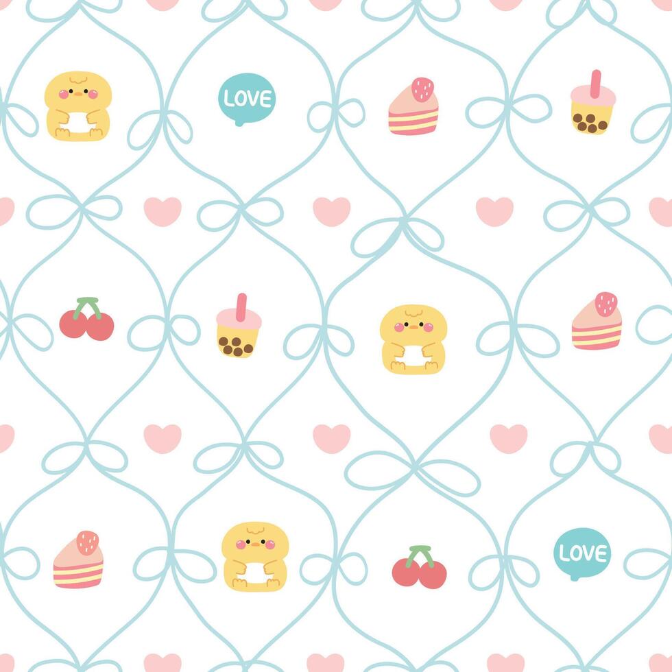 Seamless pattern of cute chicken sit in bow ribbon frame with heart on white background.Love.Valentines day.Farm bird chick animal character cartoon design.Cherry,bubble milk tea,cake.Kawaii. vector