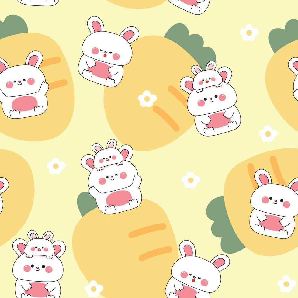 Seamless pattern of cute baby rabbit stay on head smile face rabbit with big carrot and flower background.Bunny.Easter.Rodent animal character cartoon design.Kawaii.Illustration. vector