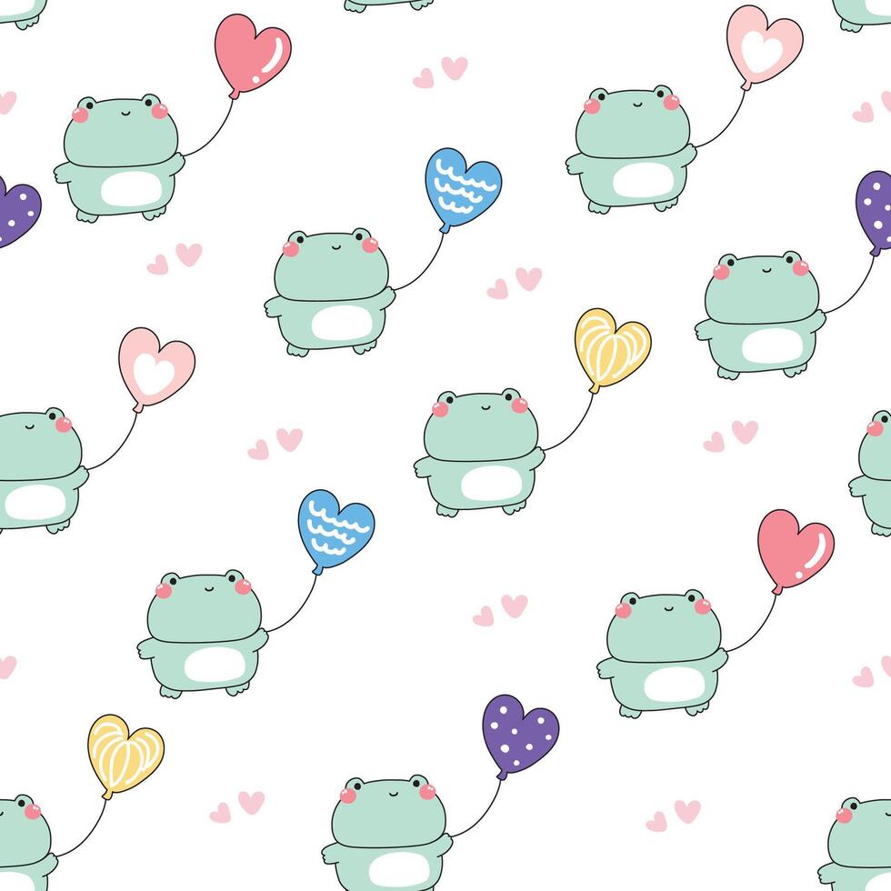 Seamless pattern of cute frog hold heart balloon white background.Pastel.Reptile animal character cartoon design.Kawaii.Illustration. vector