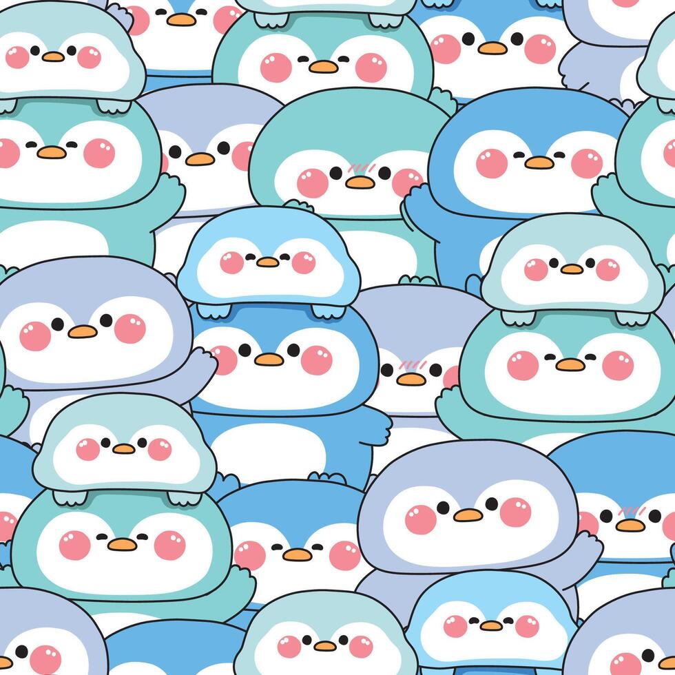 Repeat.Seamless pattern of cute baby penguin stay on head smile face penguin background.Polar bird animal character cartoon design.Kawaii.Illustration. vector