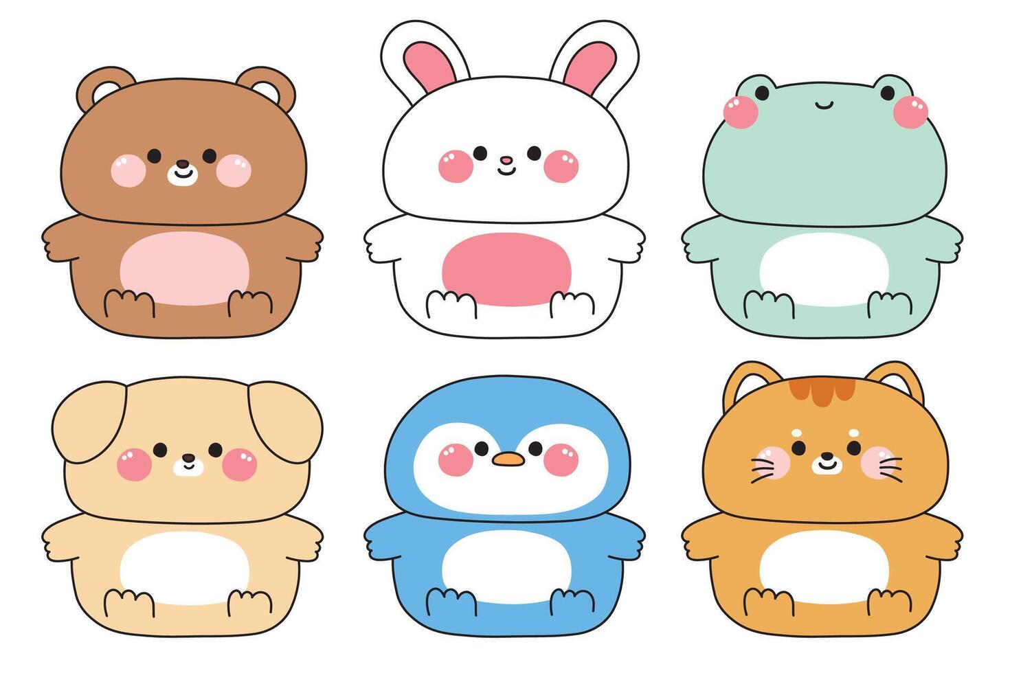 Set of cute fat animals sit with smile on white background.Cartoon character.Teddy bear,rabbit,frog,dog,penguin,cat hand drawn.Kawaii.Illustration. vector