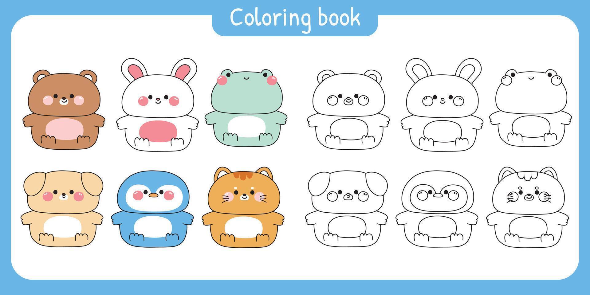 Coloring pages.Set of cute fat animals sit with smile on white background.Cartoon character.Teddy bear,rabbit,frog,dog,penguin,cat hand drawn.Painting book.Kawaii.Illustration. vector
