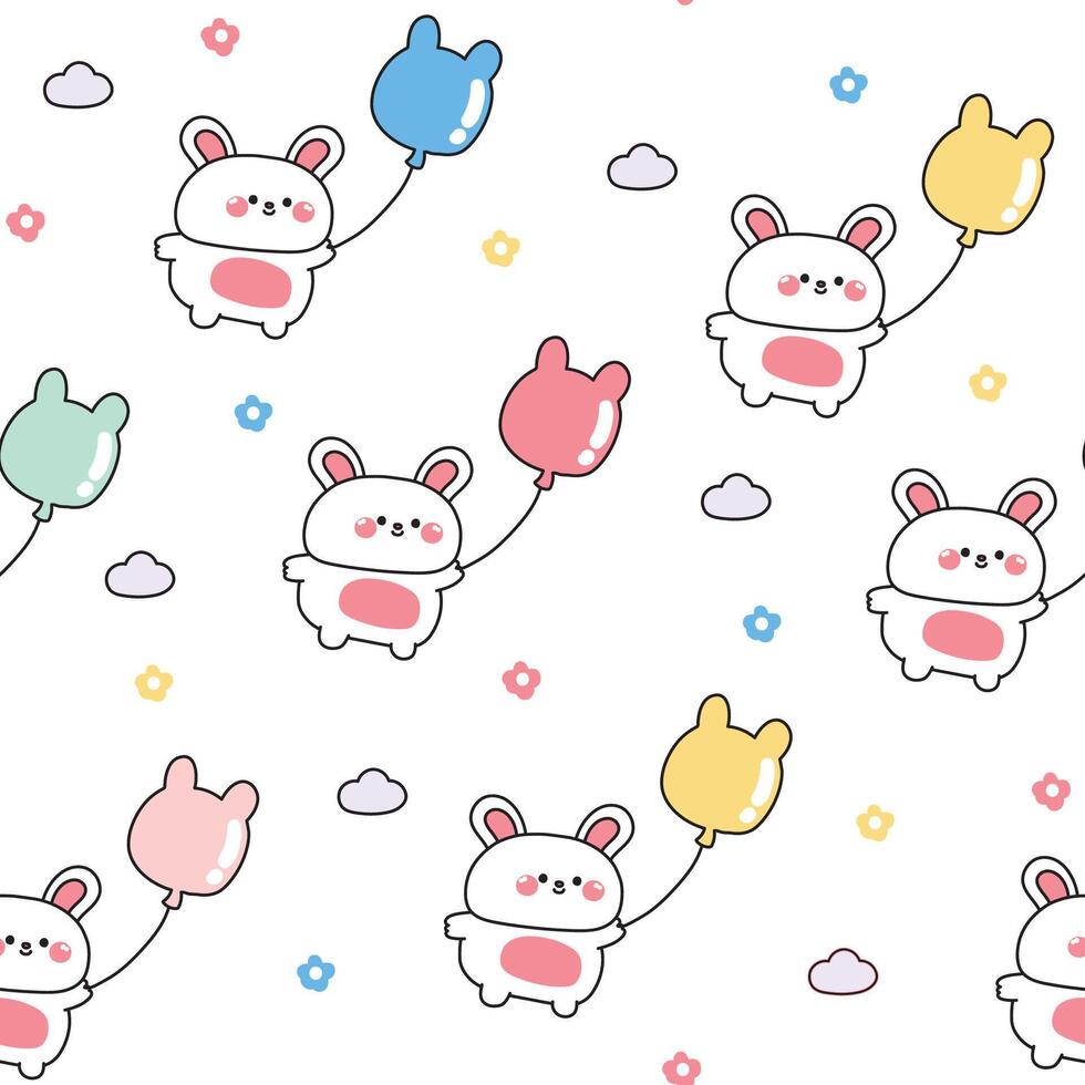 Seamless pattern of cute rabbit hold balloon with flower and cloud on white background.Bunny.Easter.Rodent animal character cartoon.Image for baby clothing,print screen,stationary.Kawaii. vector