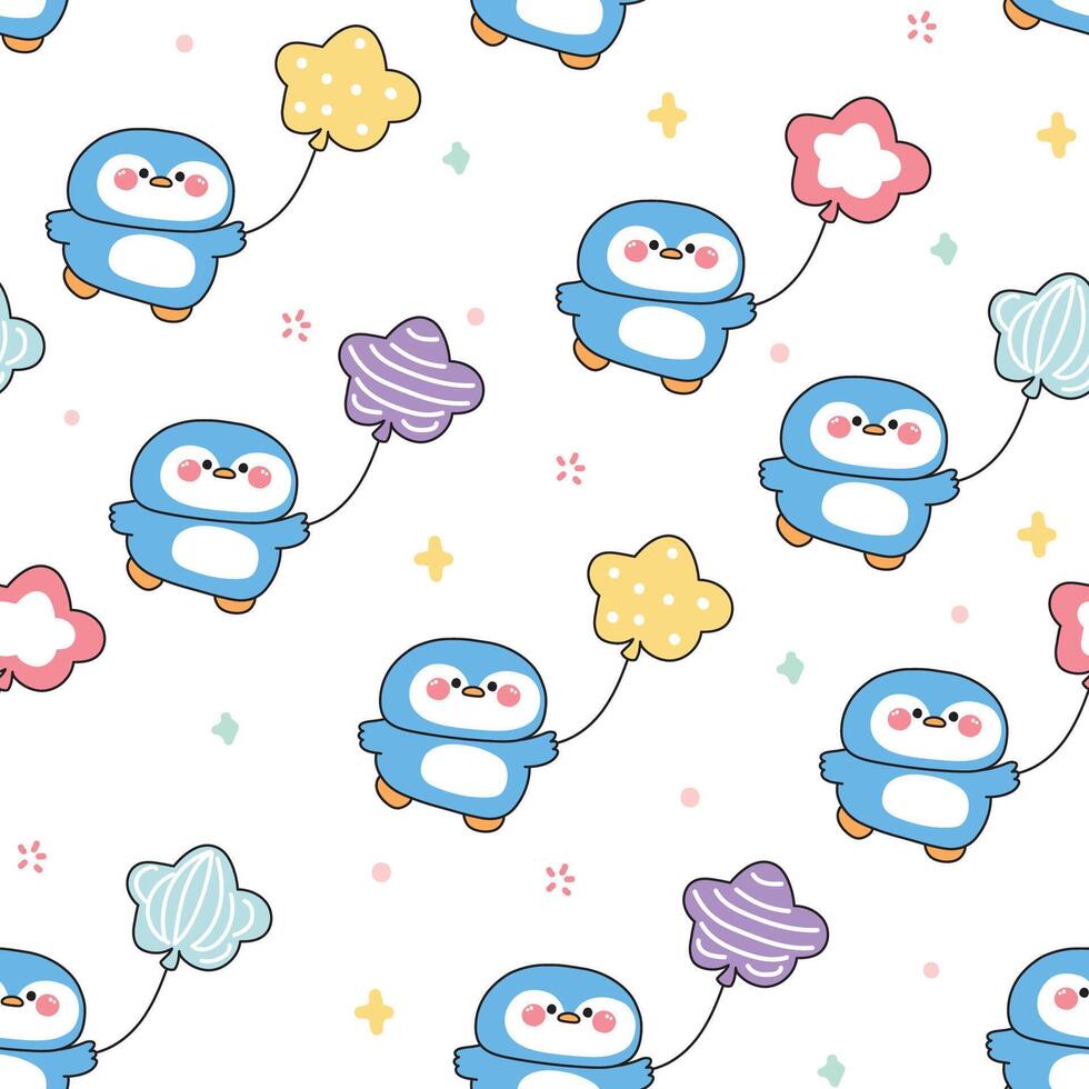 Seamless pattern of cute penguin hold star balloon with wink icon white background.Pastel.Polar bird animal character cartoon design.Kawaii.Illustration. vector