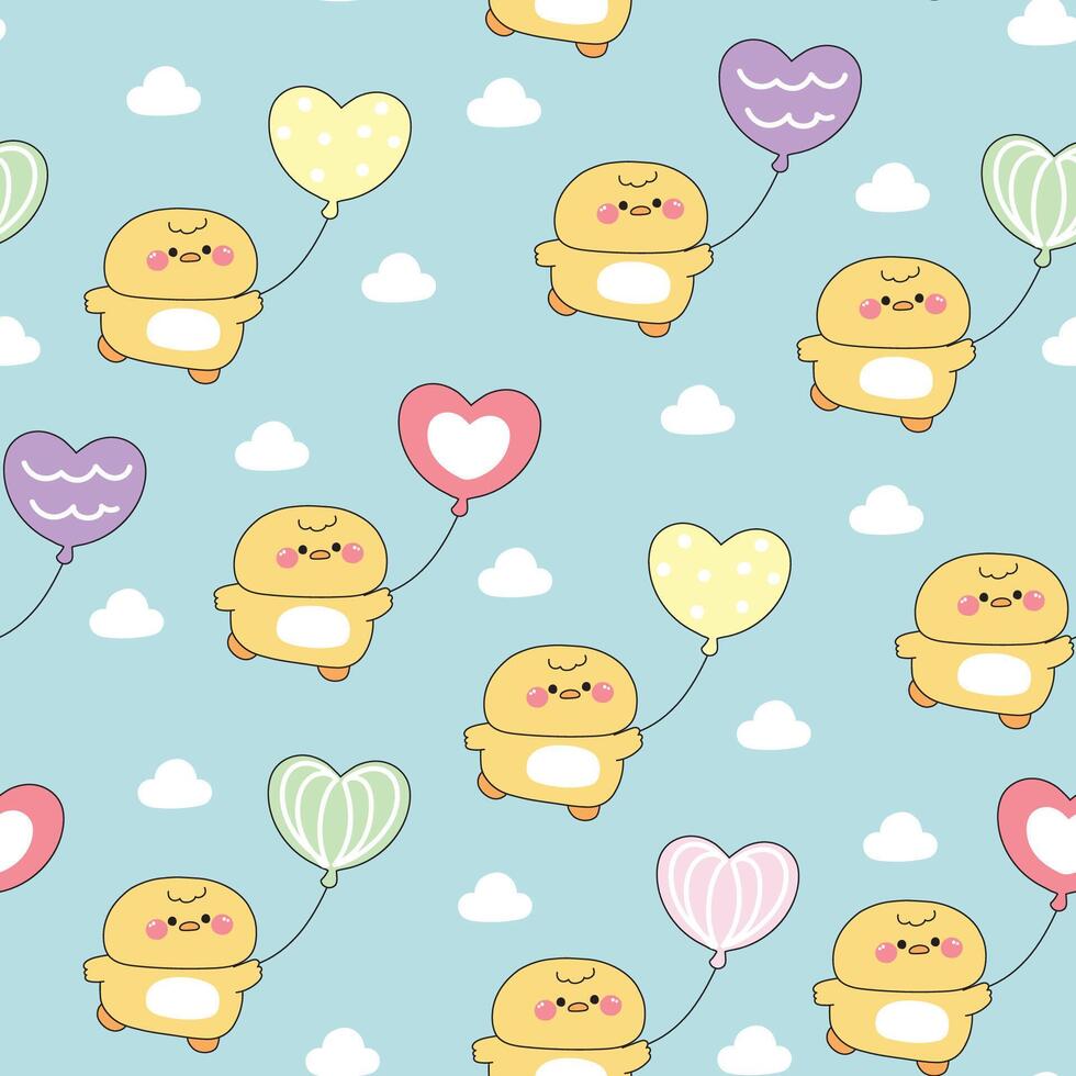 Seamless pattern of cute chicken hold heart balloon sky cloud background.Pastel.Farm bird animal character cartoon design.Kawaii.Illustration. vector