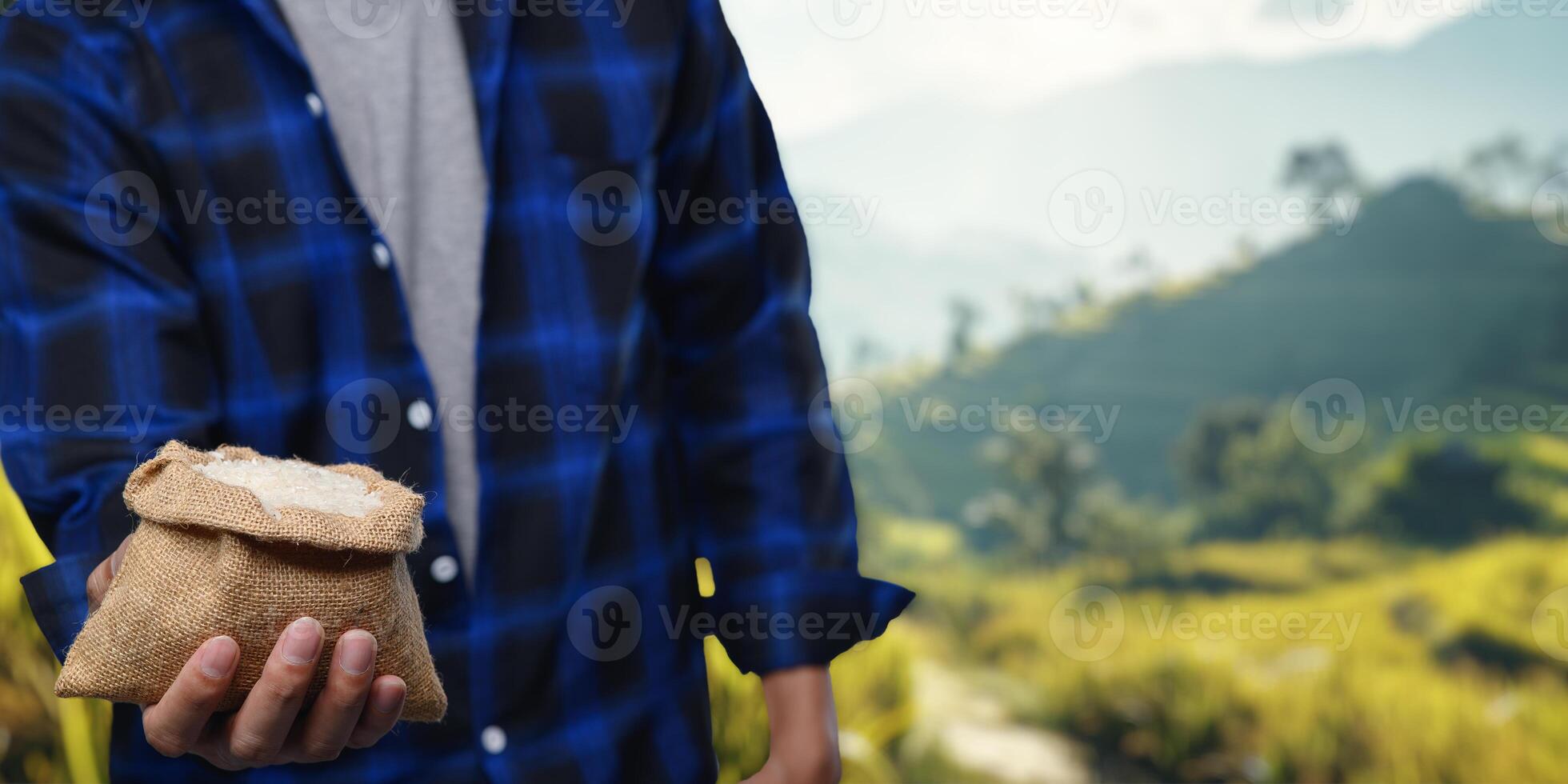 Farmer Holding Rice Sack in Agricultural Landscape with Green Fields photo