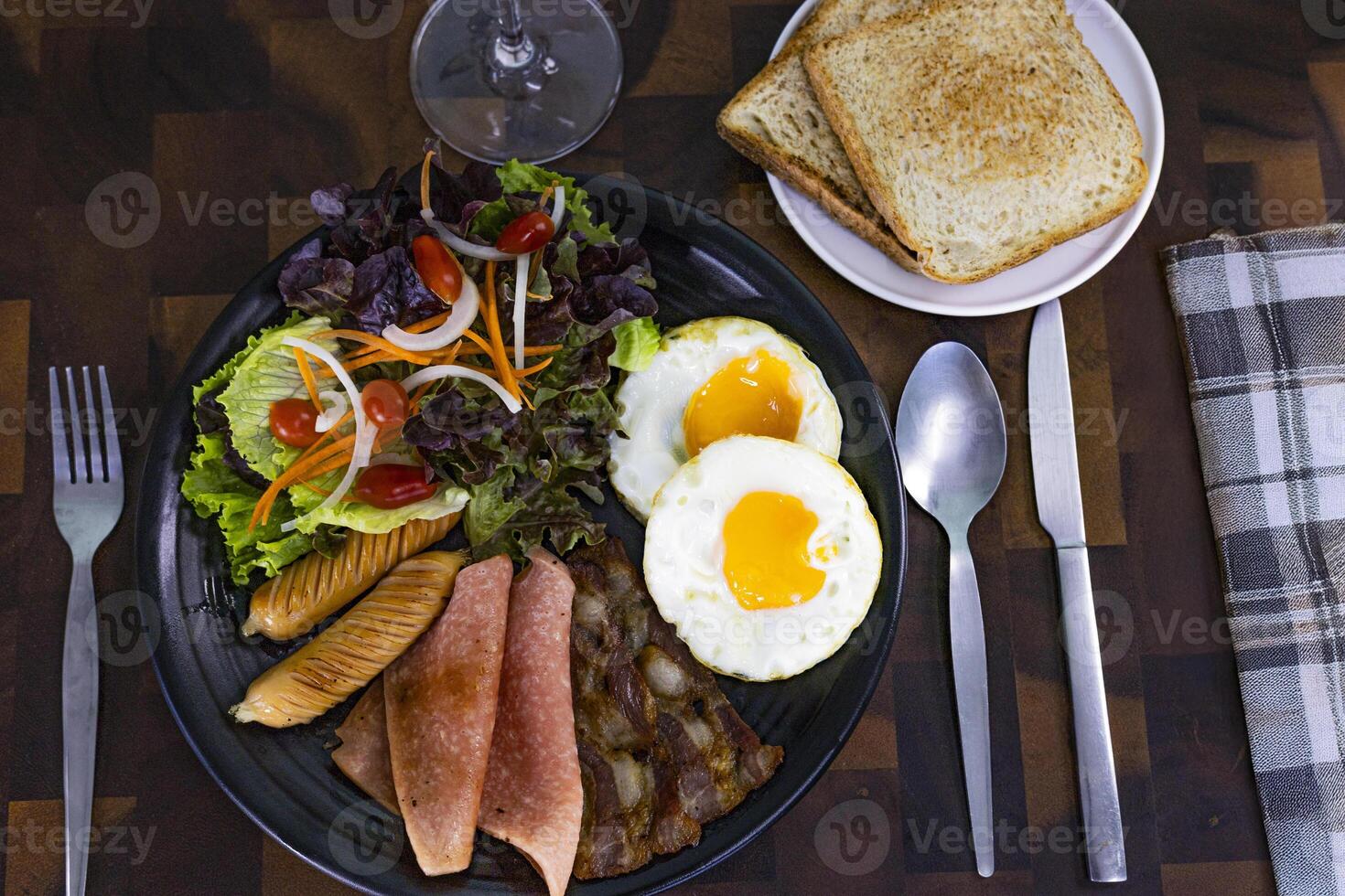 Above View Of A Breakfast Set On A Wooden Table photo