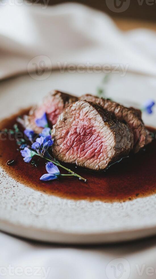 Luxury Steak Presentation with Handmade Porcelain and Floral Details photo