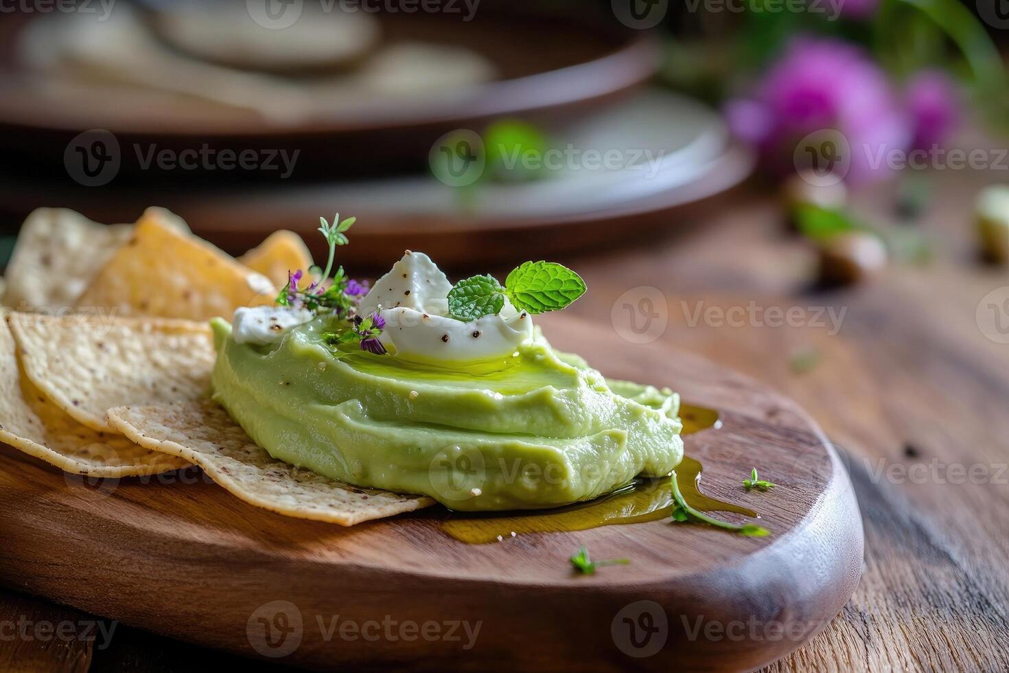 Creamy avocado dip served with tortilla chips on a rustic wooden platter in a cozy gathering setting photo