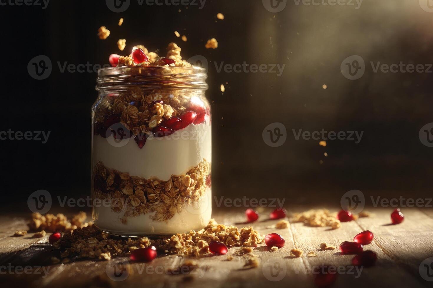 Delicious Greek yogurt layered with granola and pomegranate seeds in dramatic low light for indulgent enjoyment photo