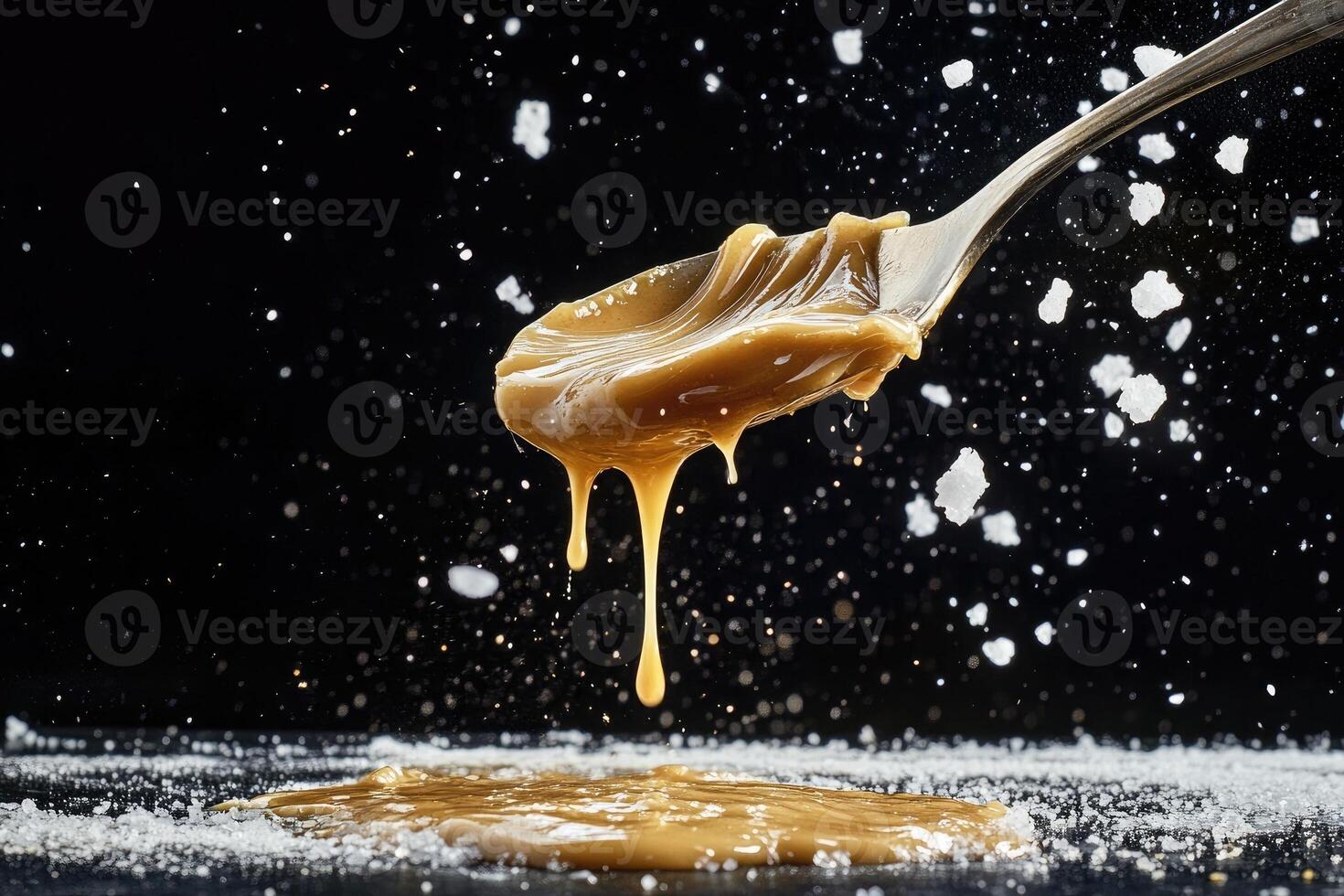 Swirling tahini and honey blend creating delicious texture in mid-flow above a messy surface photo