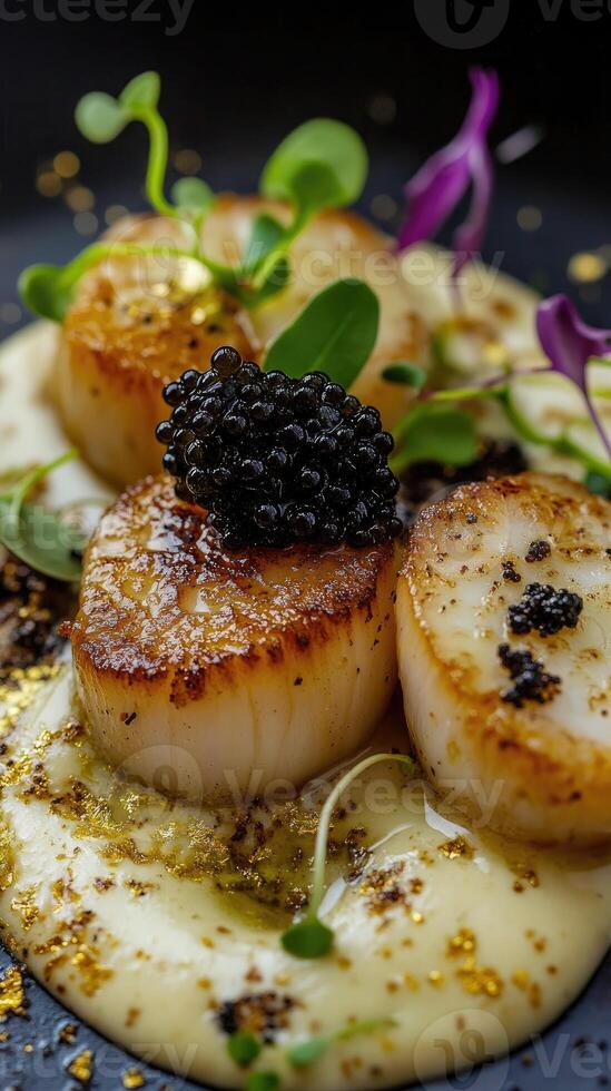 Gourmet seared scallops with yuzu beurre blanc and caviar garnished with microgreens and seaweed tuile photo