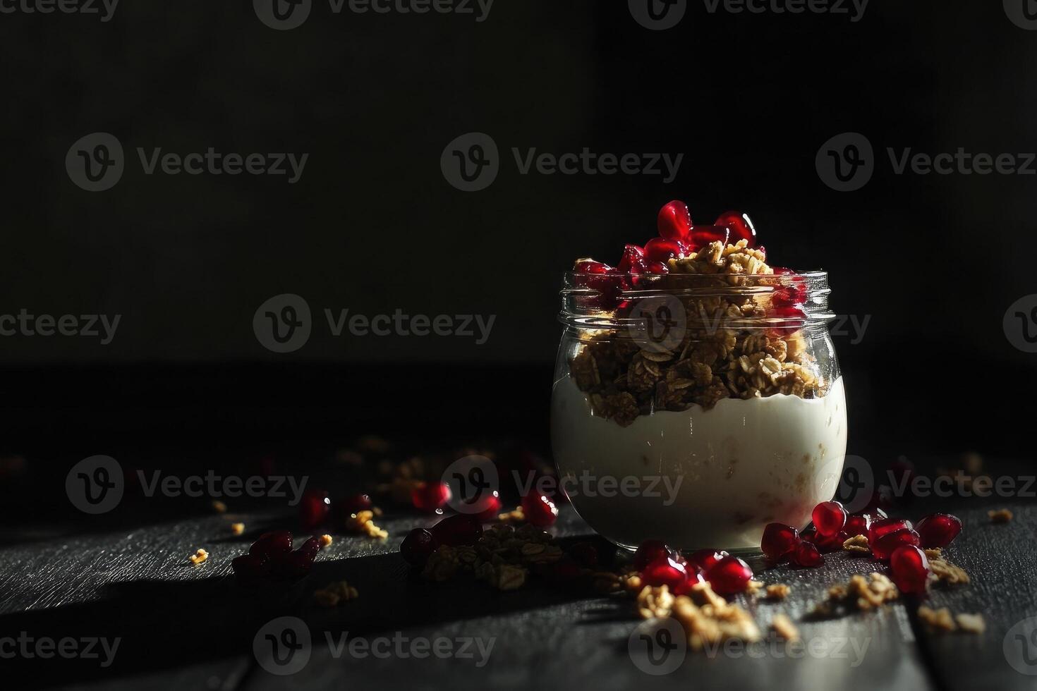 Indulgent Greek yogurt layered with golden granola and fresh pomegranate seeds in a moody setting photo