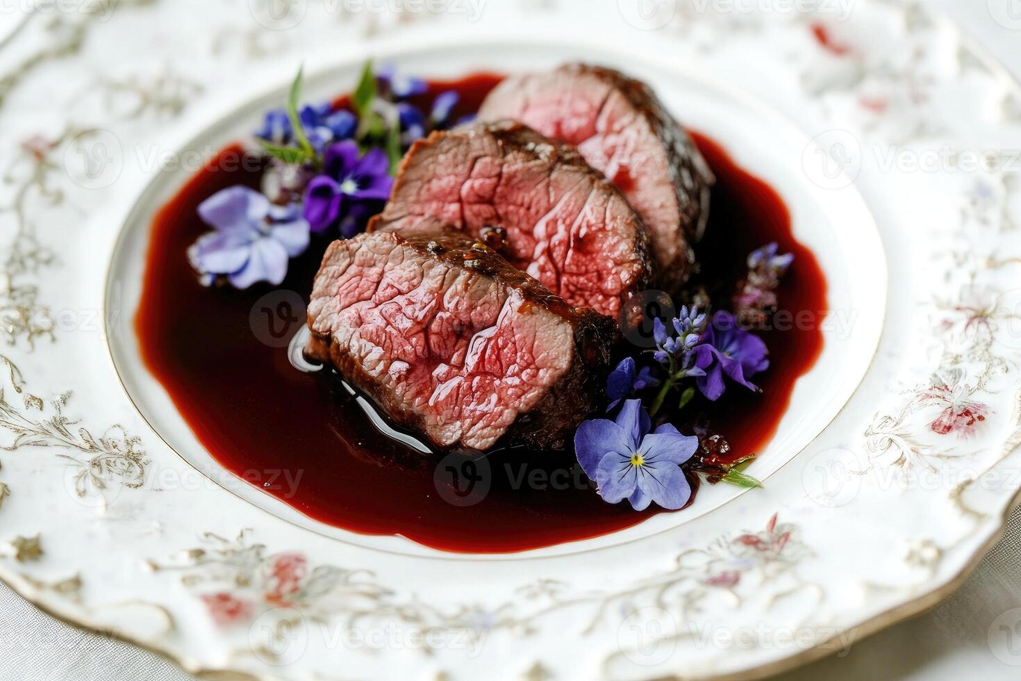 Elegant Restaurant Dish Featuring Medium-Rare Beef and Wine Sauce photo