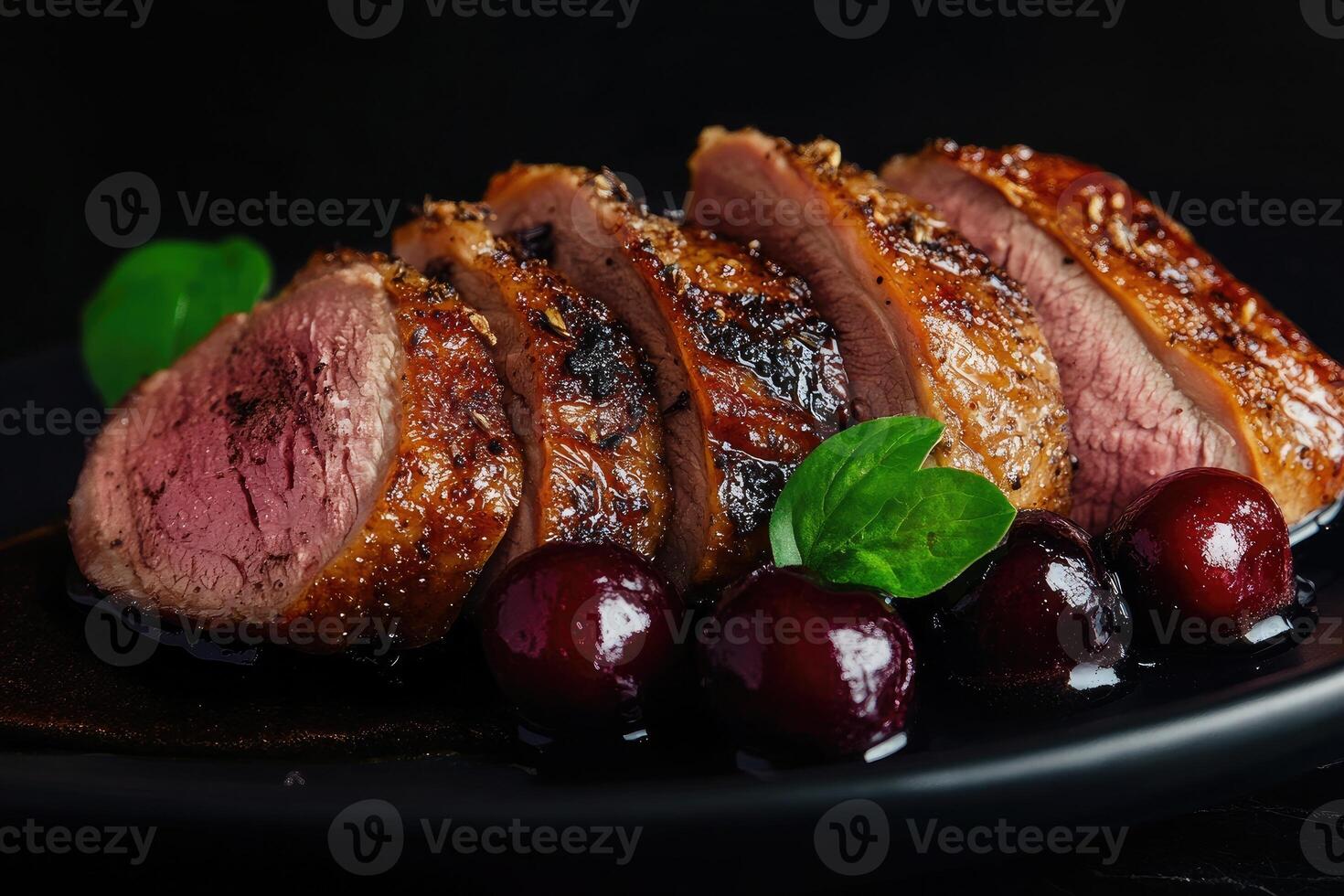 Elegant duck breast served with smoked cacao sauce, poached cherries, and fresh sorrel in artful arrangement photo