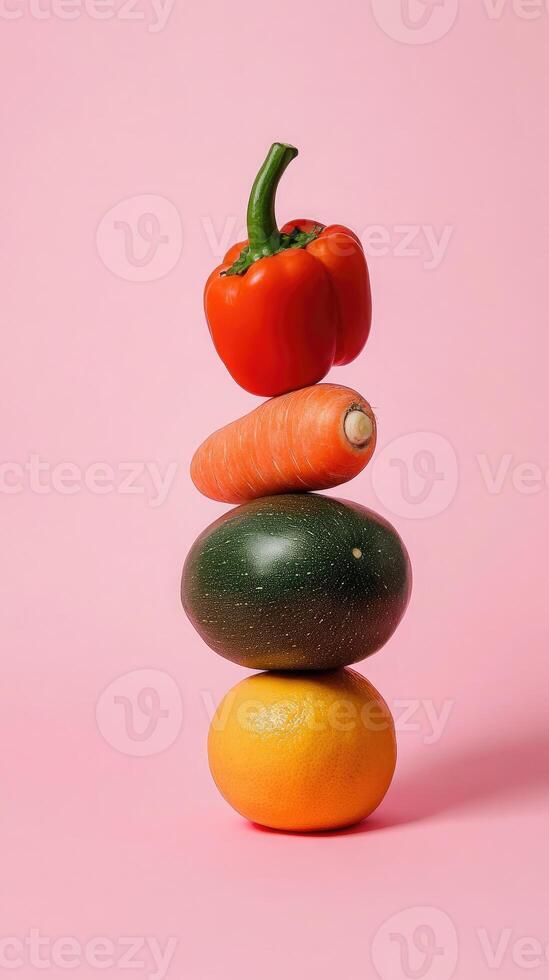 Stacked vegetables create a minimalist composition against a soft pink background emphasizing symmetry and color contrast photo