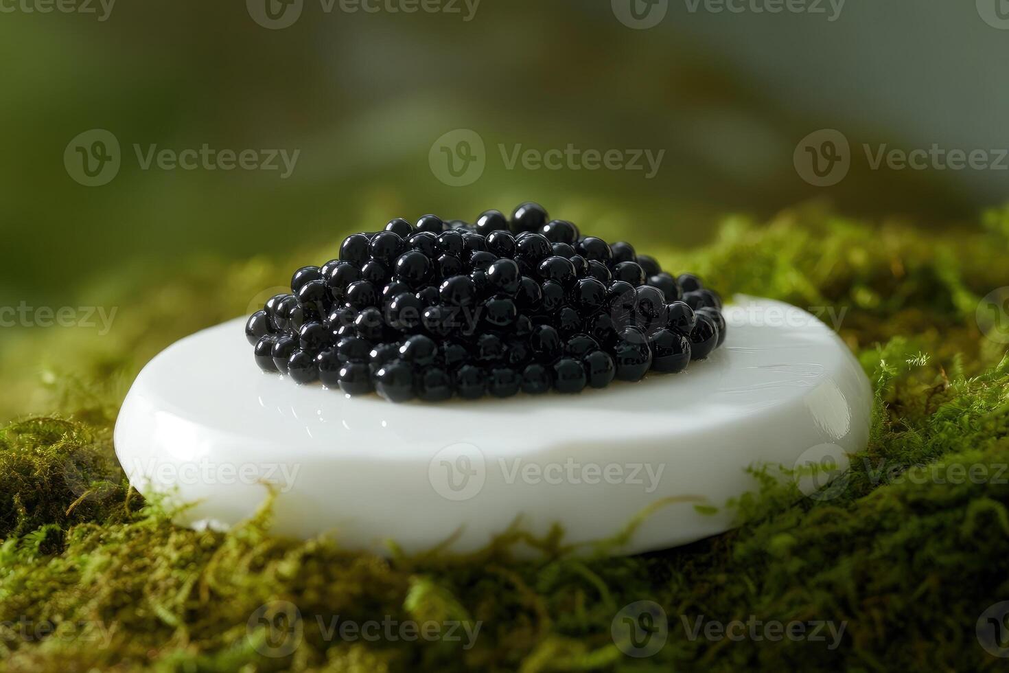 Black caviar on porcelain slab surrounded by verbena foam in a minimalistic setting evokes culinary elegance photo