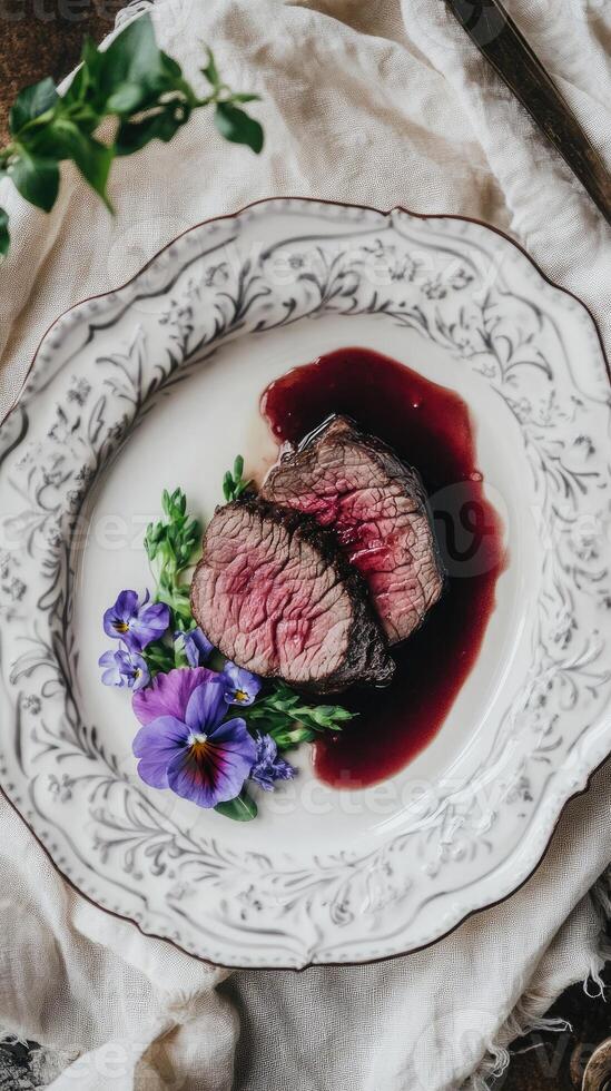 Fine Dining Beef Dish with Soft Light and Elegant Table Setting photo
