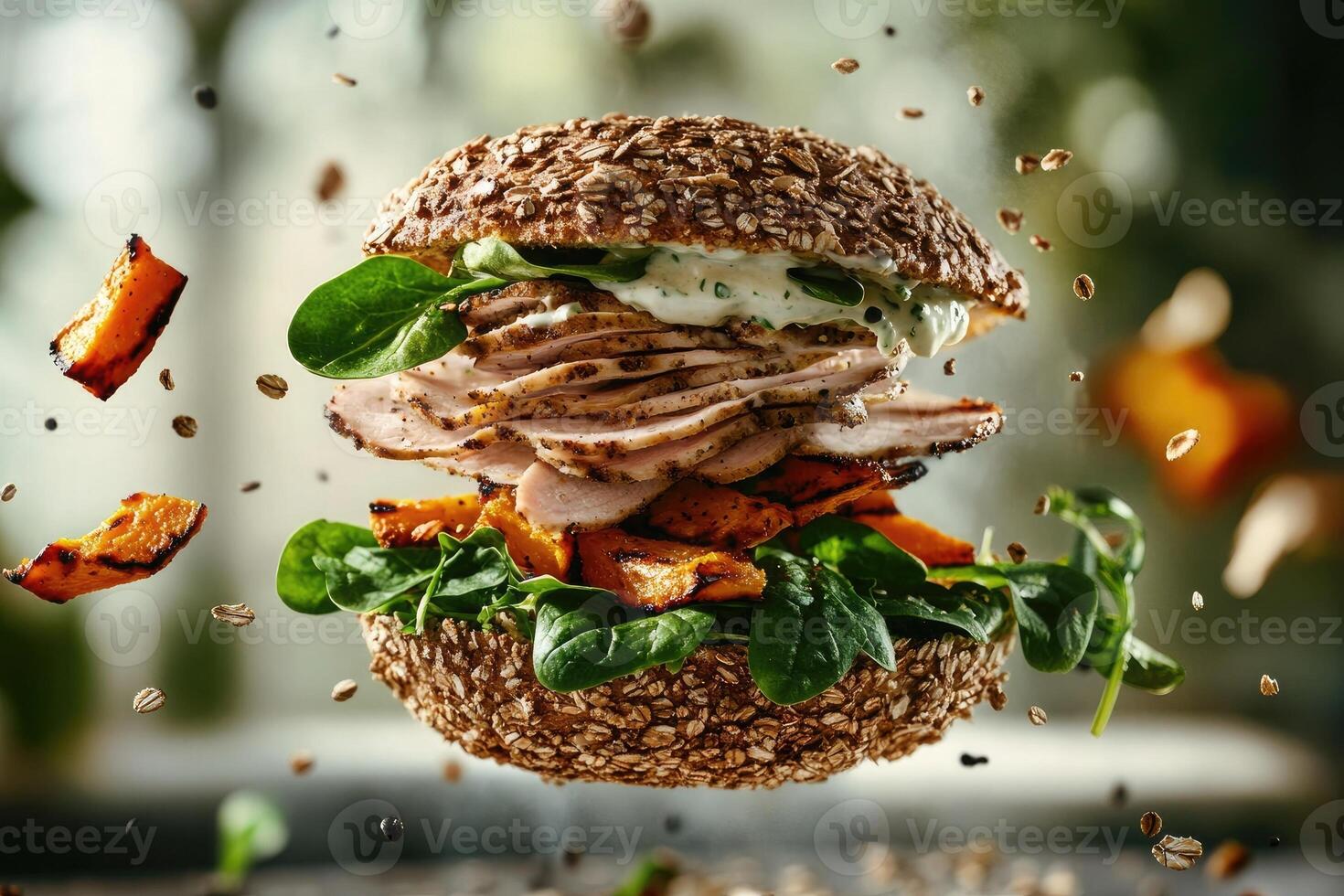 Mega sandwich mid-levitation showcasing vibrant layers and creamy drizzles for a captivating culinary experience photo