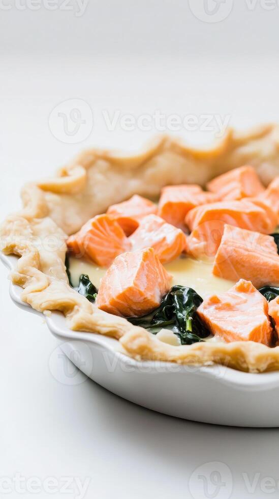 Beautiful salmon pie with spinach and lemon cream in a sleek pie pan on a clean backdrop photo