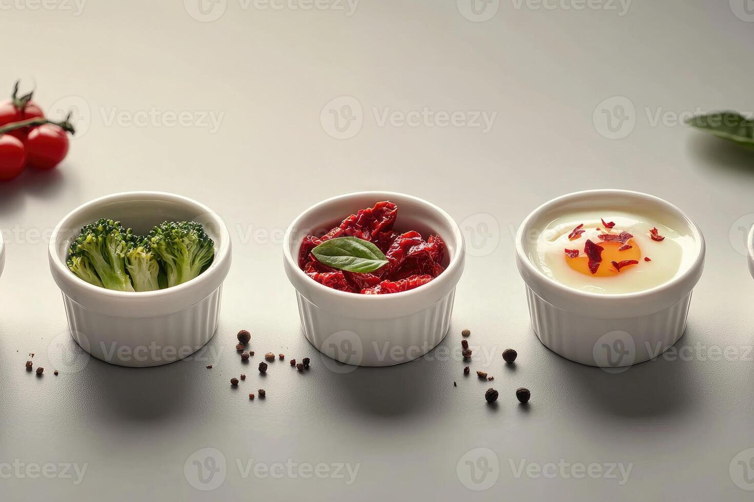 Mini casseroles featuring broccoli with cheddar, sun-dried tomato and mushroom, and egg with salmon arranged horizontally photo