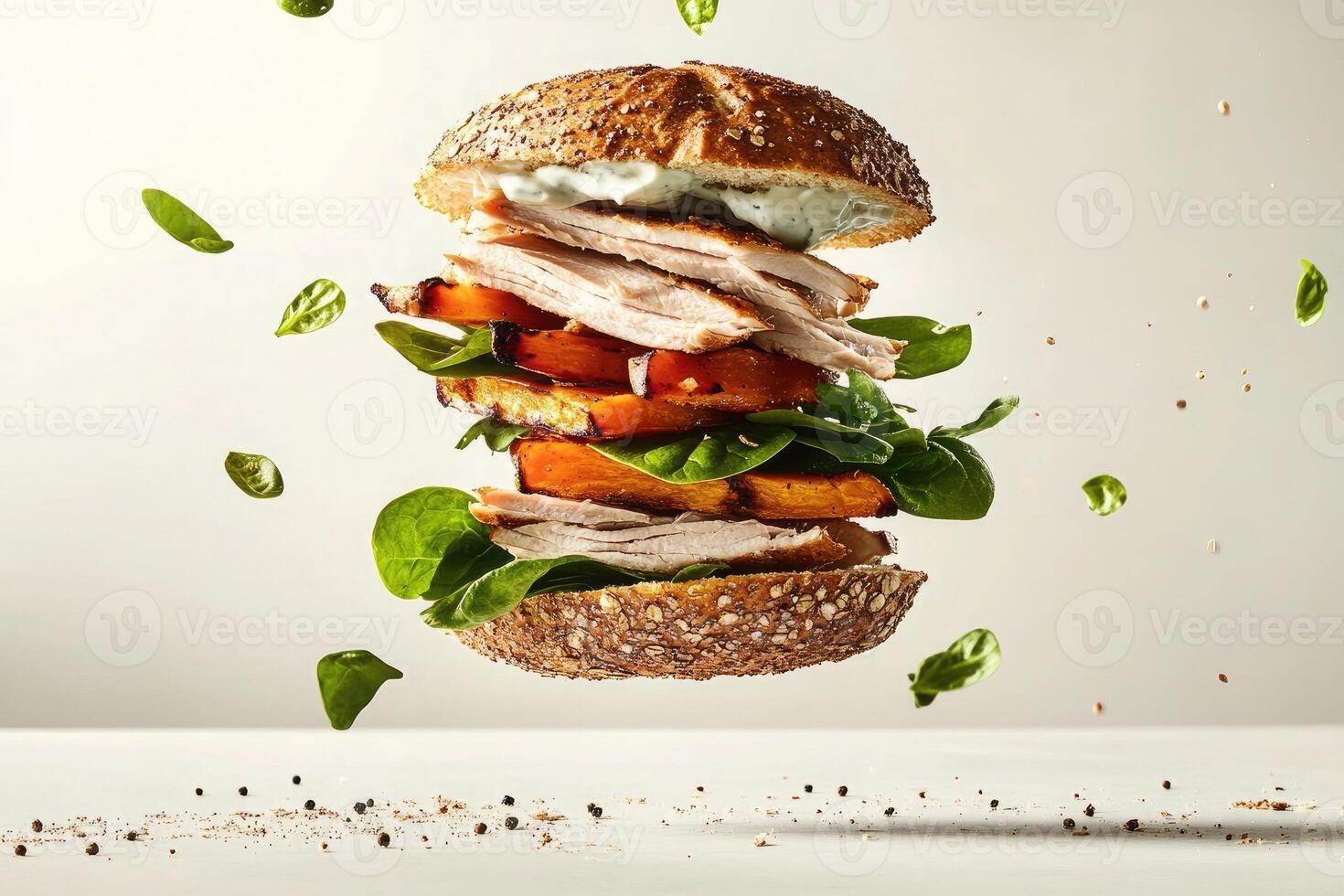 Mega sandwich with vibrant ingredients gracefully floating in mid-air against a bright background photo