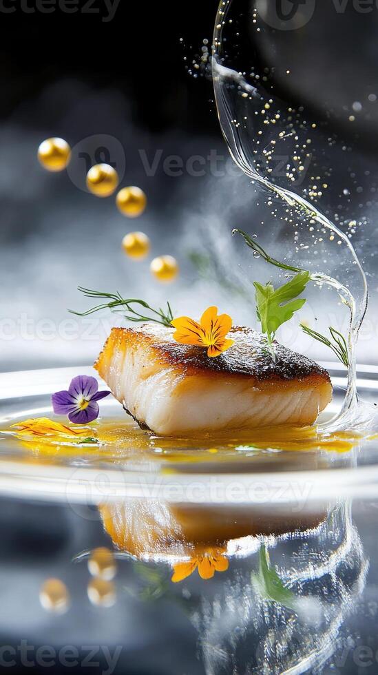 Buttery black cod elegantly presented on saffron emulsion with infused oil and edible flowers photo