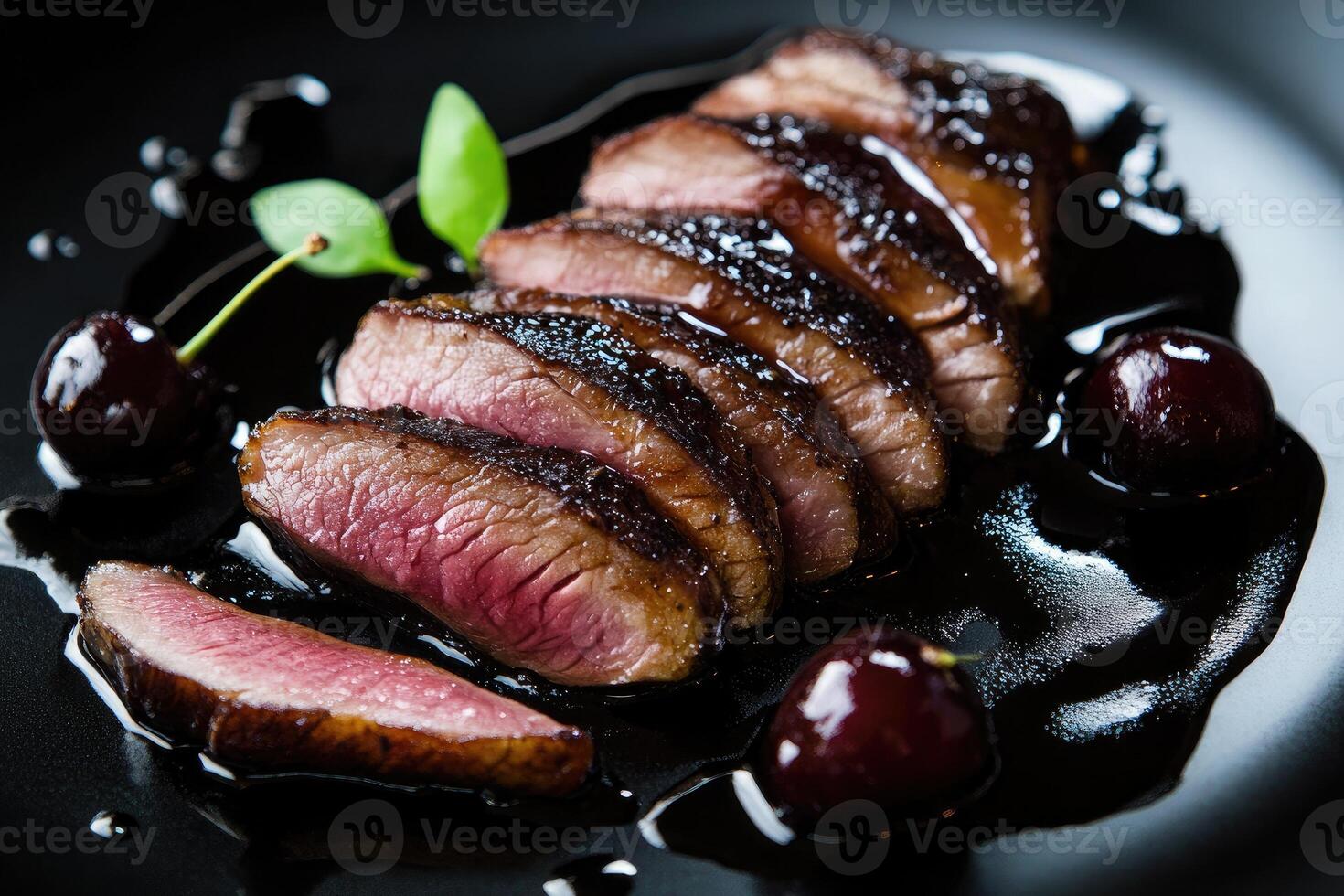 Medium-rare duck breast elegantly presented with smoked cacao sauce and poached cherries on a glossy black plate photo