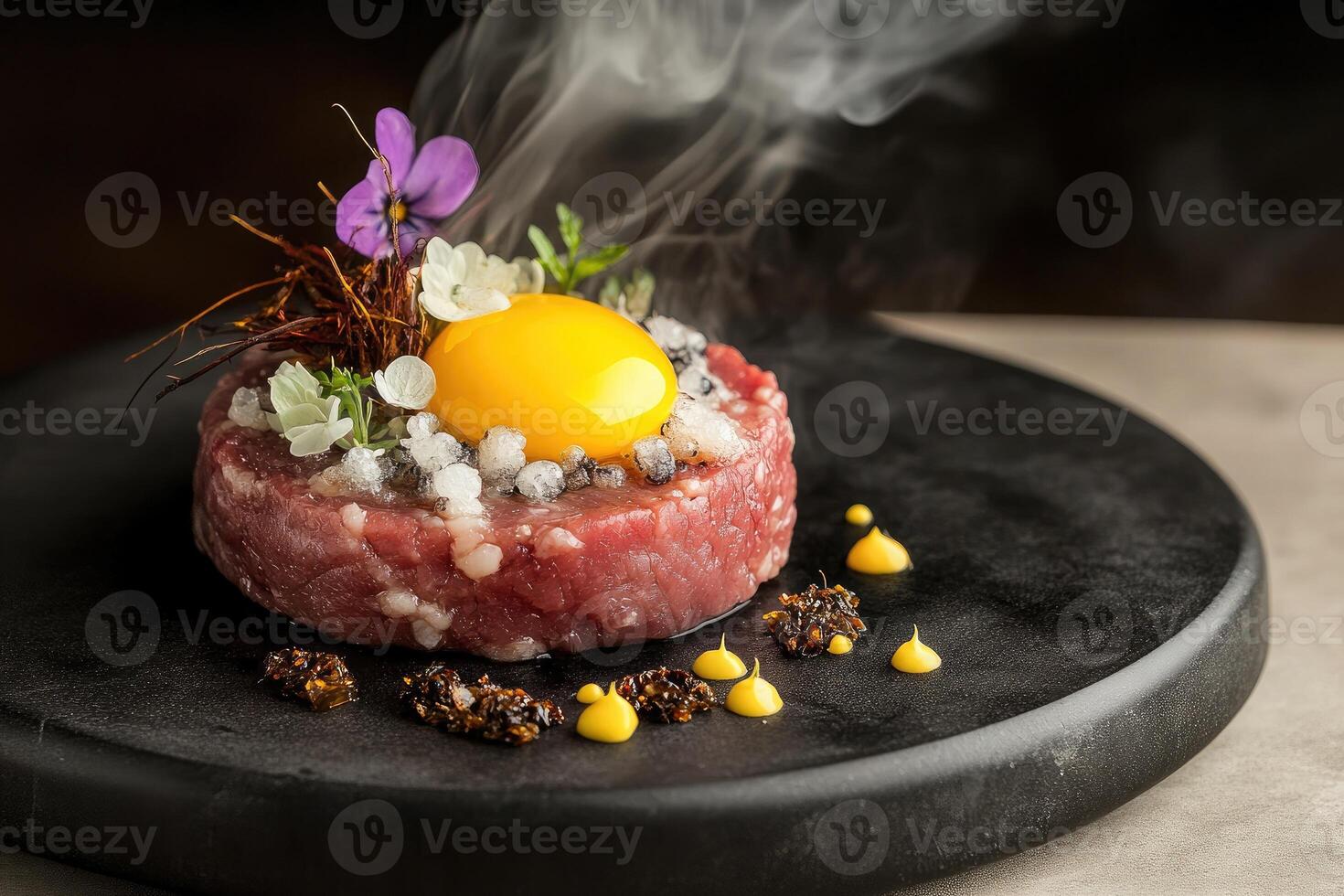 Finely sculpted red Wagyu tartare with smoked egg yolk emulsion and edible flowers on a matte-black plate photo