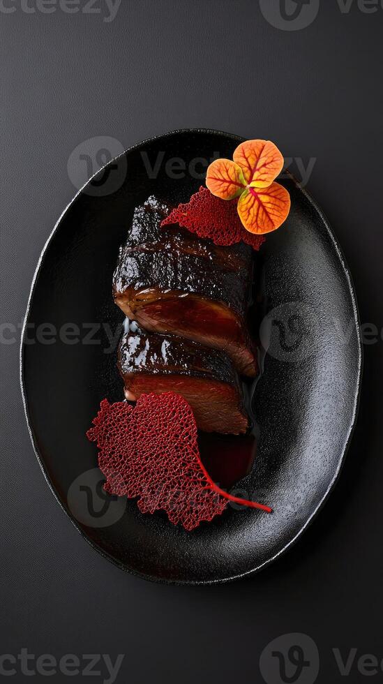 Slow-braised short rib with kombu mirin reduction and red algae tuile garnished with nasturtium dew for an elegant presentation photo