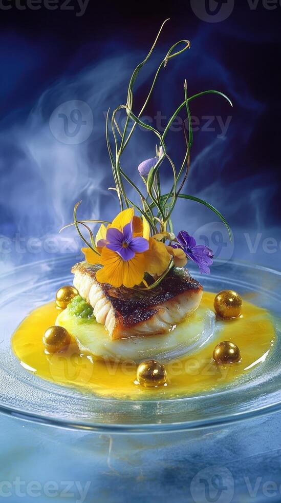 Buttery black cod paired with saffron emulsion and fragrant edible flowers on glass platter photo