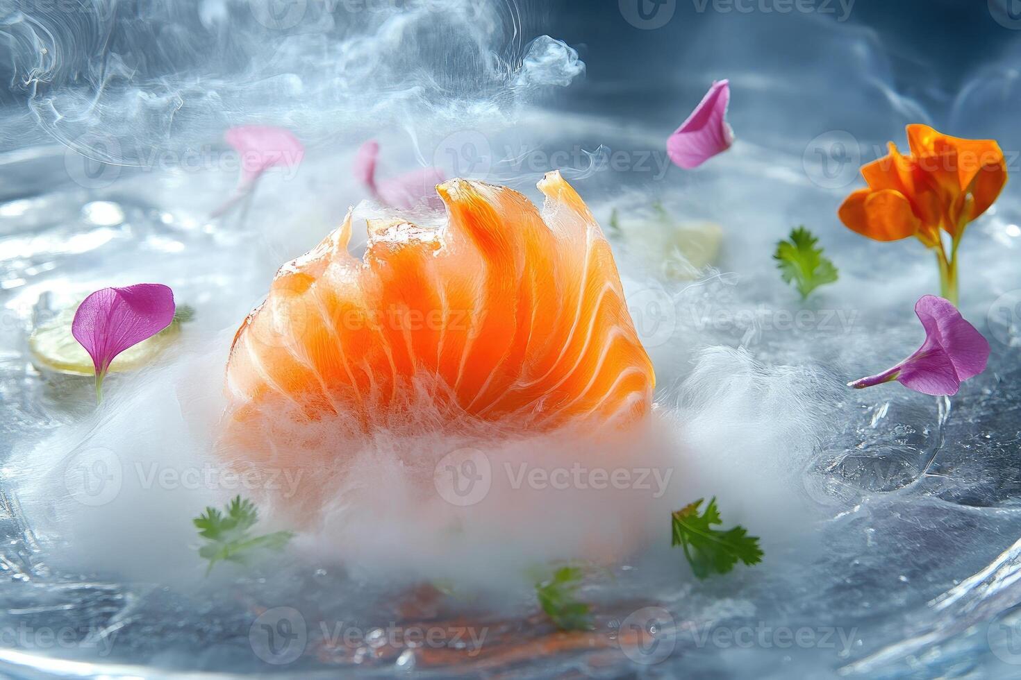 Delicately cured Arctic char slice with frozen yuzu mist and vibrant garnishes on a glass plate photo