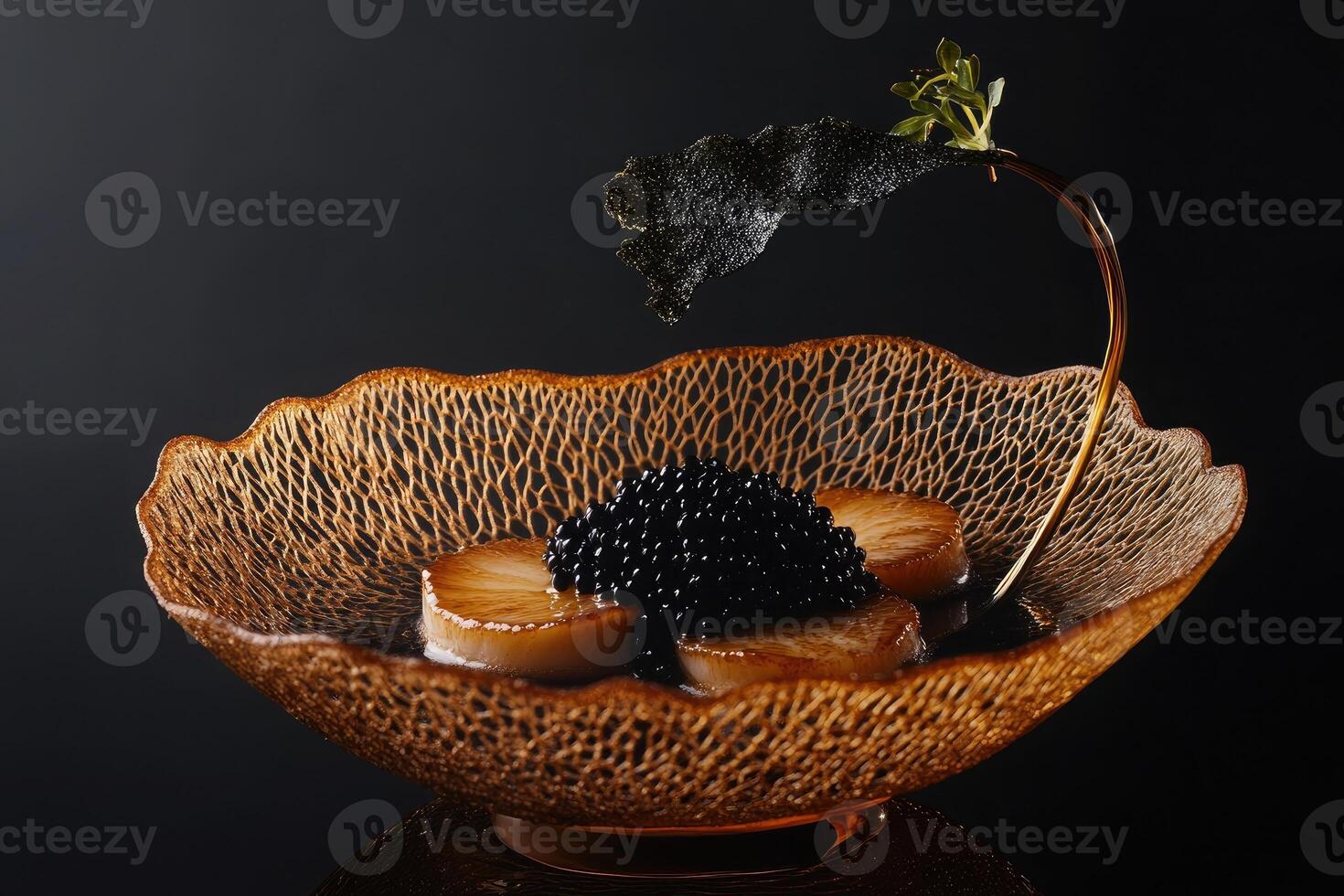 Golden-brown seared scallops with yuzu beurre blanc and black caviar pearls on a dark backdrop photo