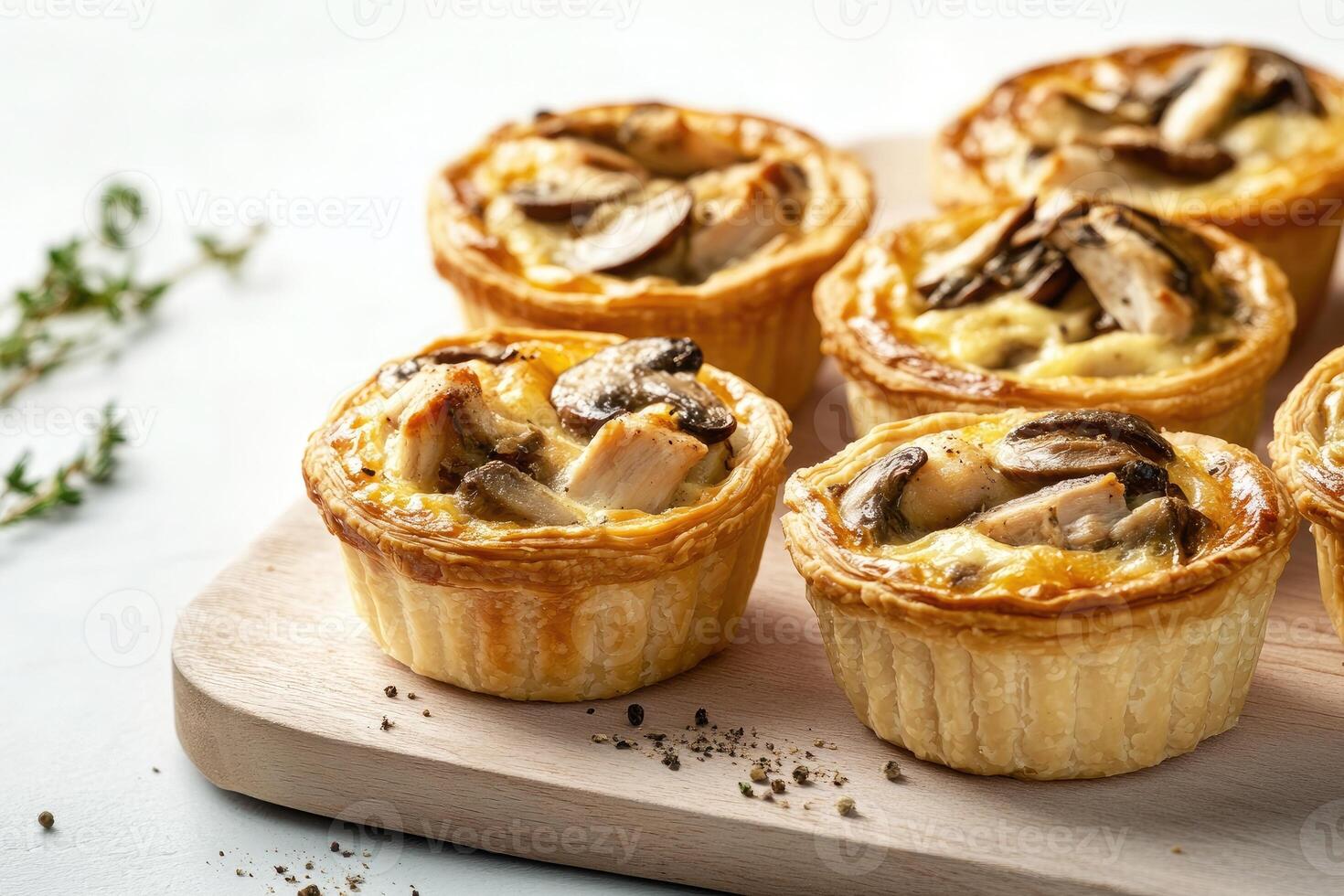 Mini chicken and mushroom quiches with flaky crust and creamy filling on rustic wooden board photo