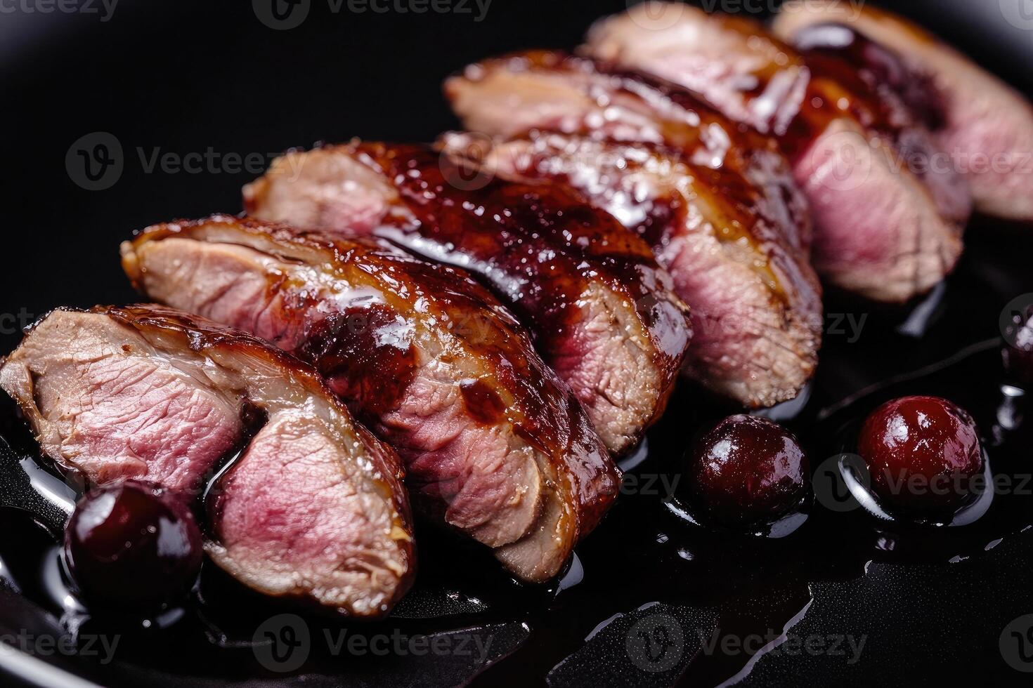 Perfectly medium-rare duck breast with smoked cacao sauce and poached cherries arranged artistically on a glossy black plate photo