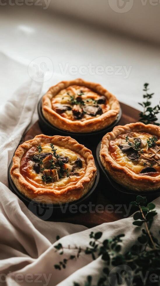 Mini chicken and mushroom quiches appear to float gracefully above a linen cloth, showcasing their golden crust and creamy filling photo