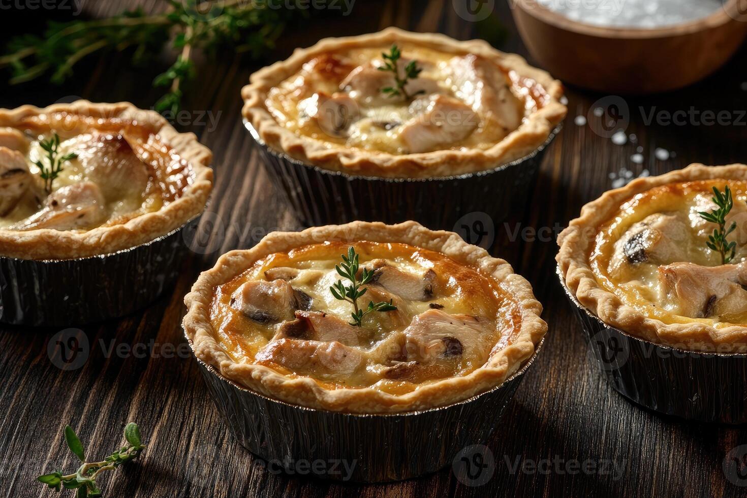 Mini chicken and mushroom quiches in rustic fluted molds showcasing savory filling and golden crusts photo
