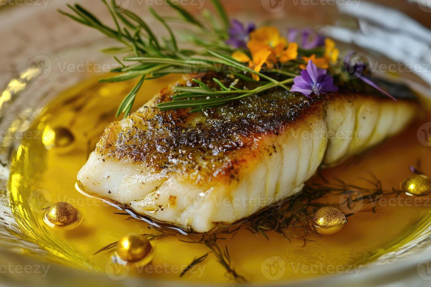 Buttery black cod with saffron emulsion and edible flowers creates an elegant culinary masterpiece photo