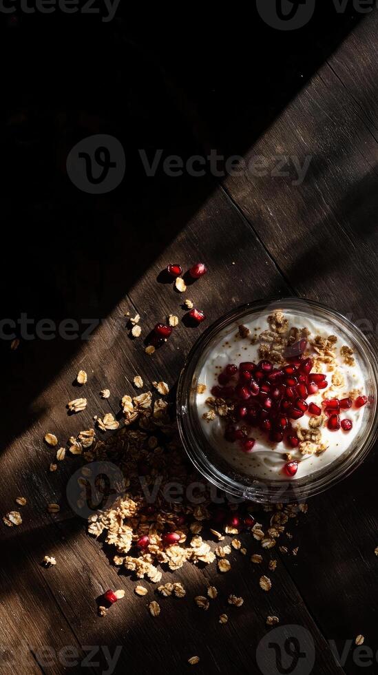 Rich Greek yogurt layered with golden granola and sparkling pomegranate seeds in dramatic low light photo