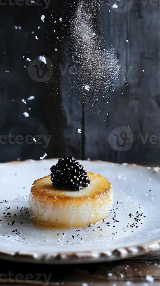 Exquisite single seared scallop with black caviar atop yuzu gel creates a stunning culinary experience photo