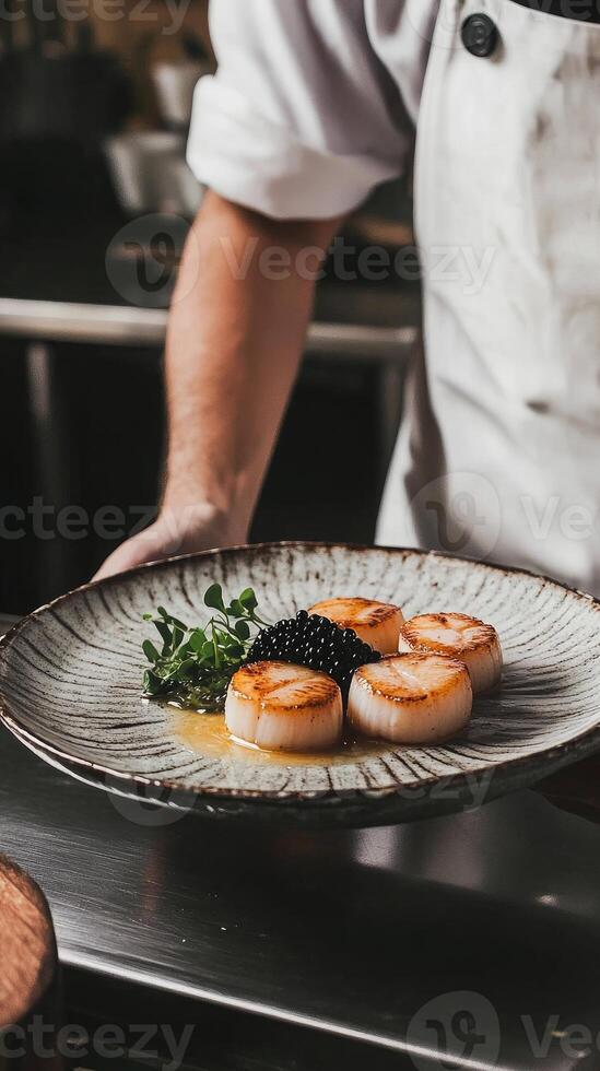 Elegant presentation of seared scallops with yuzu beurre blanc and caviar in a fine-dining kitchen setting photo