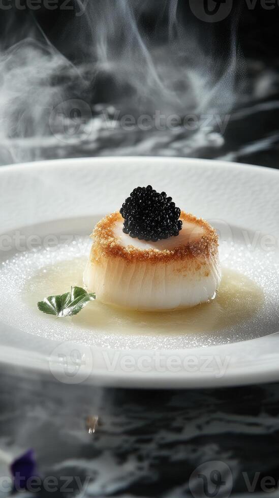 Elegant seared scallop with yuzu gel and black caviar presented on a frosted plate photo