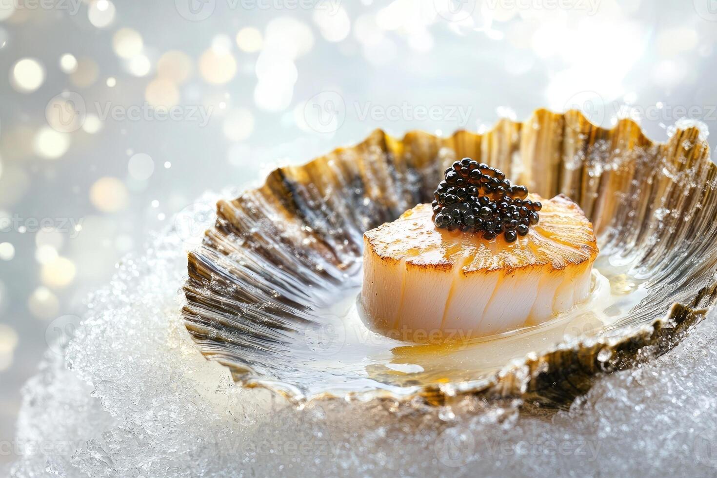 Seared scallop with yuzu gel and black caviar on frosted plate enhances culinary artistry photo