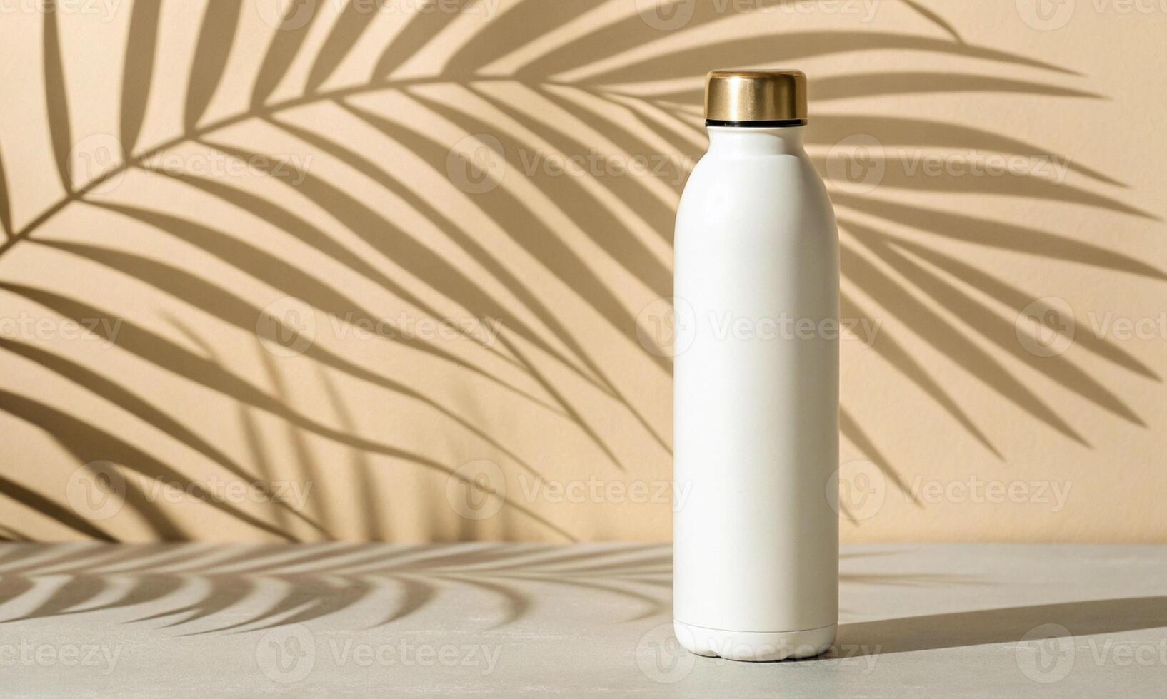 bottle water drink liquid white isolated mockup empty blank copy space cream brown background wallpaper leaf palm shadow black color bottle mockup logo presentation advertisement sale product package photo